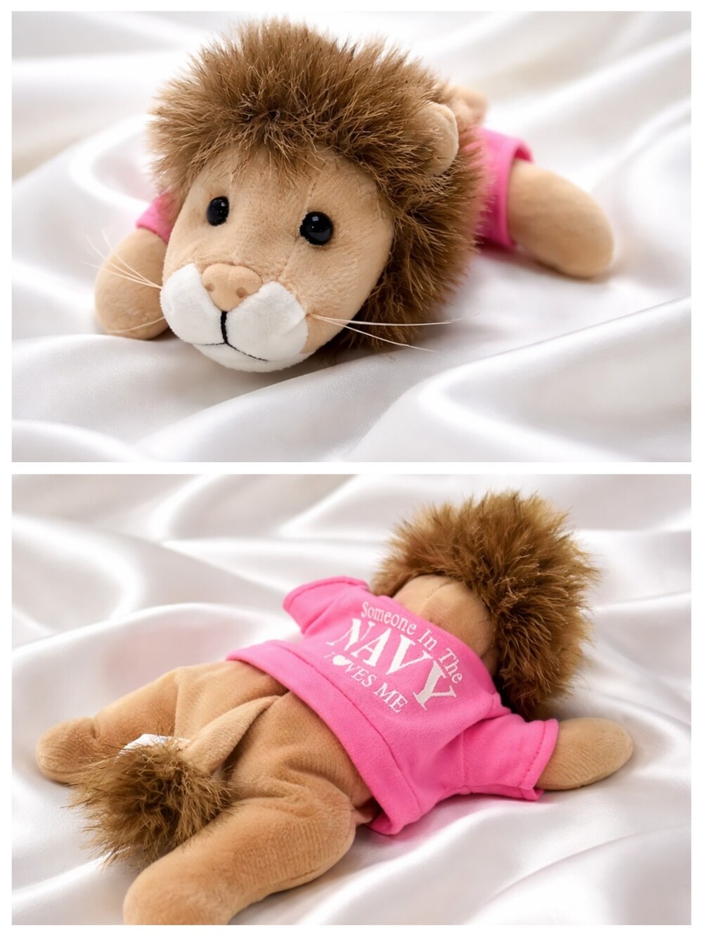 Vintage ASI Bean Bag Stuffed Lion With Pink Sweatshirt "Someone in the Navy."